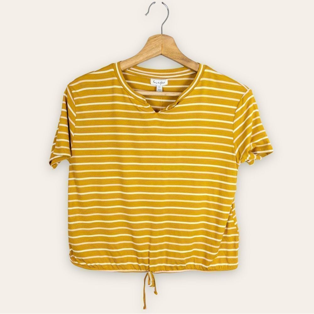 𝅺Love, Fire Size Large Girls Mustard Yellow Stripe Cropped Tee Shirt NEW Casual